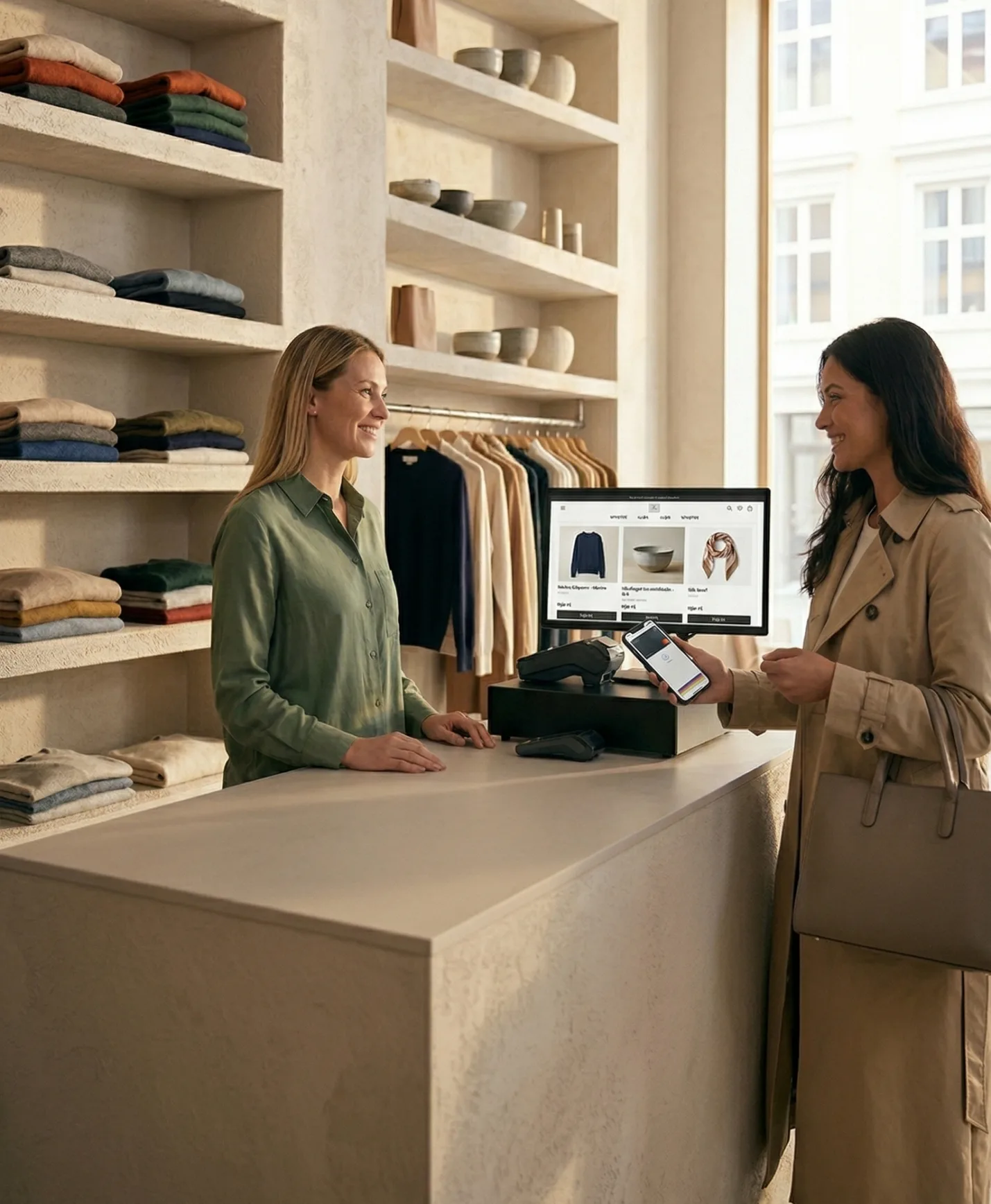 Two retail professionals talking inside a physical store